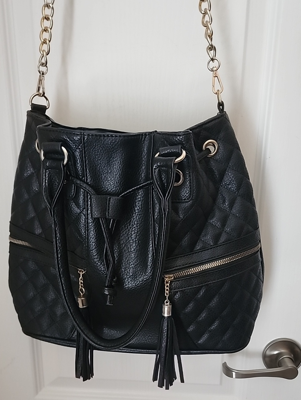 Black Quilted Shoulder Bag with Gold Chain Accent